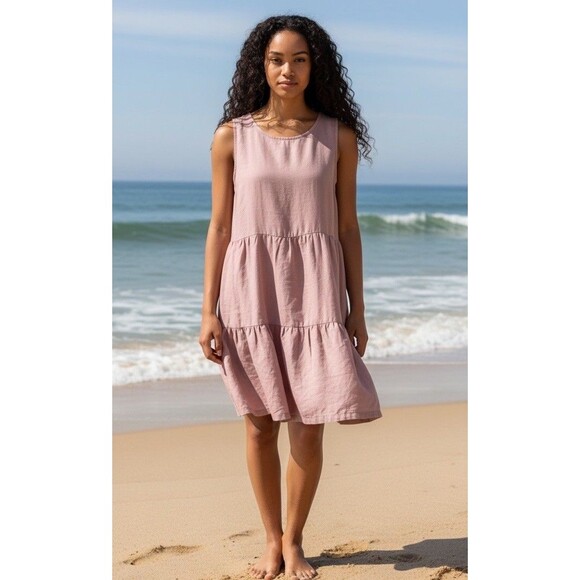 C&C California Dresses & Skirts - C & C  California 100% Linen Sleeveless Dress Tiered Pink Size M Boho Resort